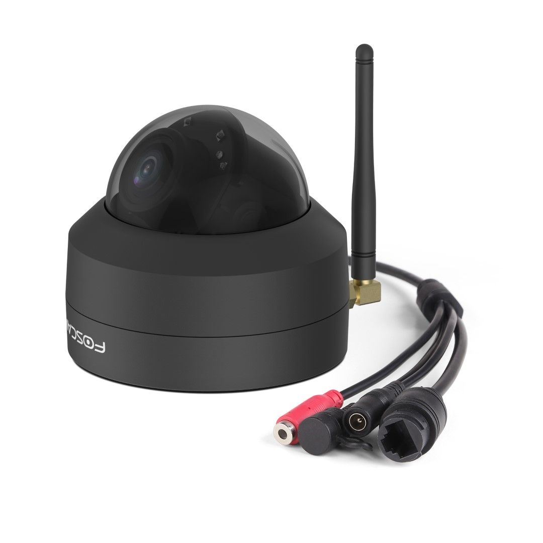 Zwarte Foscam D4Z outdoor PTZ-beveiligingscamera met 4MP lens, WiFi-antenne en bekabelde aansluitingen op witte achtergrond.