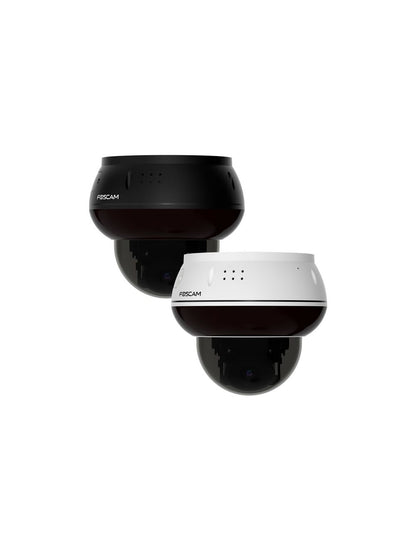 Witte en zwarte Foscam D8ET 8MP 4K PoE PTZ-beveiligingscamera's met vandaalbestendig koepelontwerp.