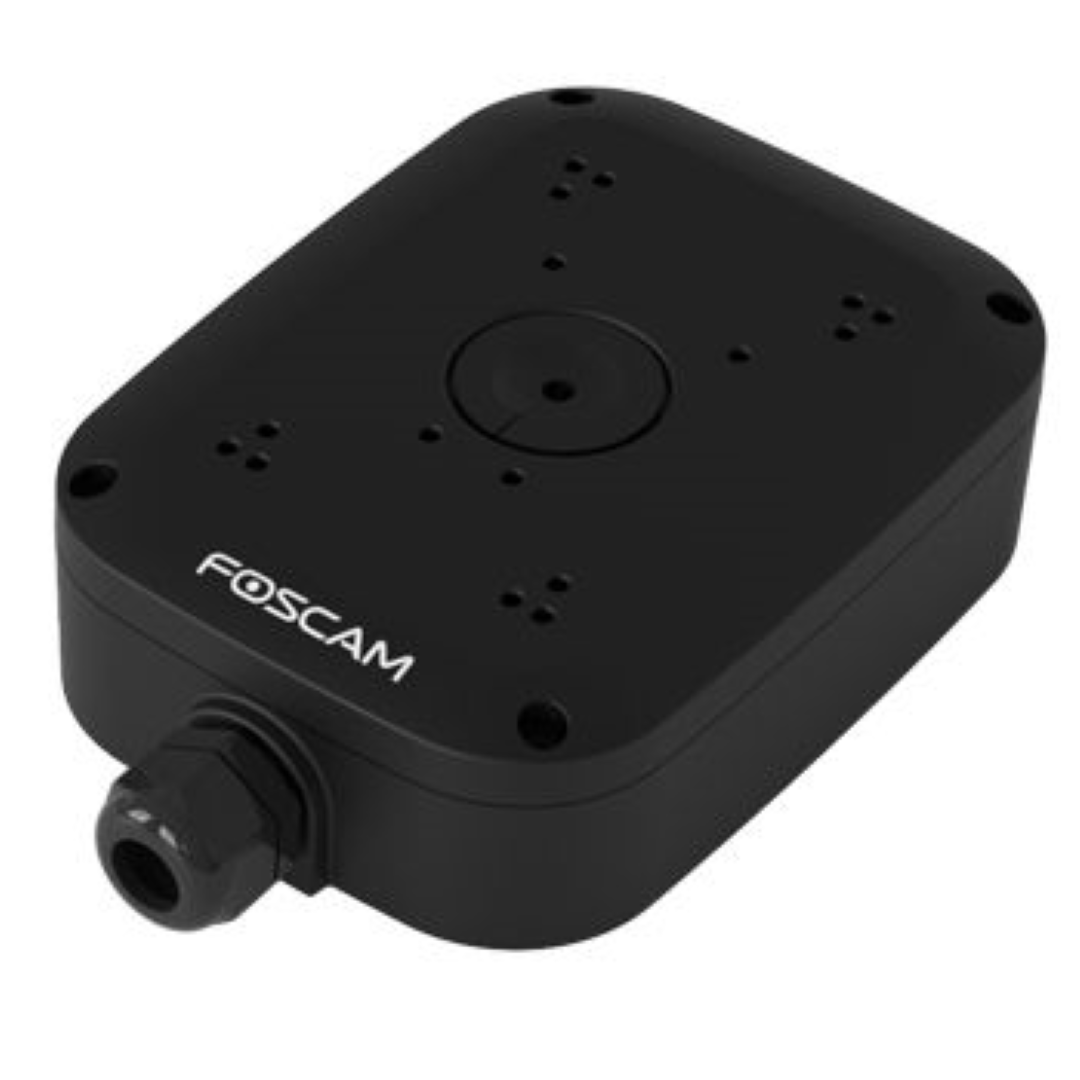 Zwarte Foscam FAB28H waterdichte lasdoos voor dome camera's met kabelwartel en montagegaten.