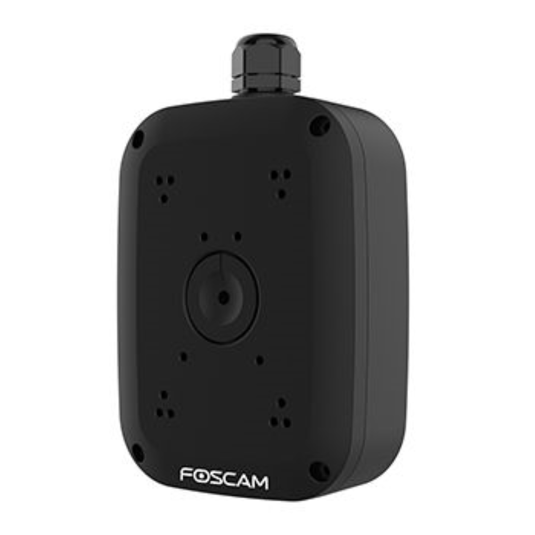 Zwarte Foscam FAB28H waterdichte lasdoos voor dome camera's met kabeldoorvoer en montagegaten.