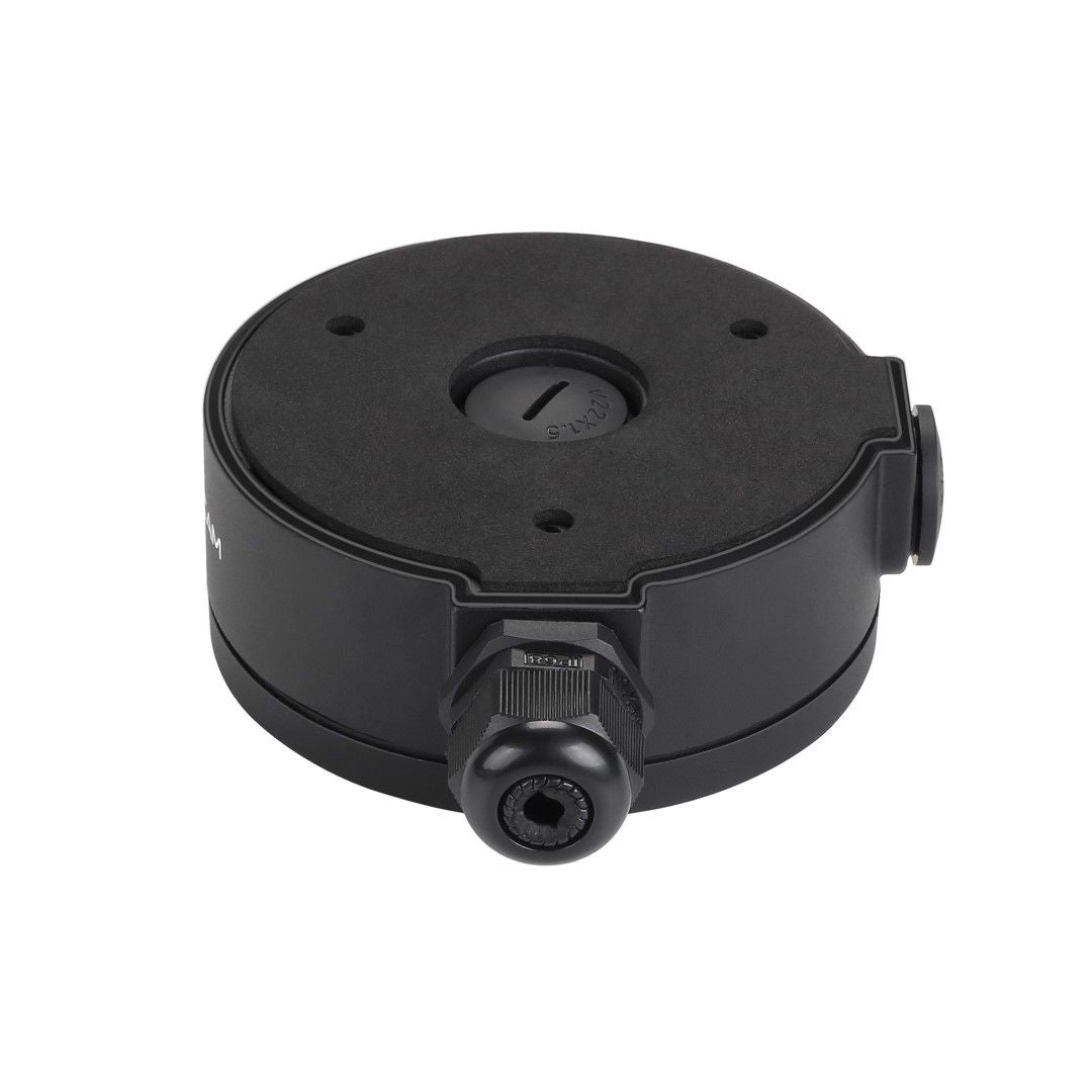 Zwarte Foscam FAB61 waterdichte aansluitunit voor D2EP dome camera met kabelwartel en 110mm diameter.