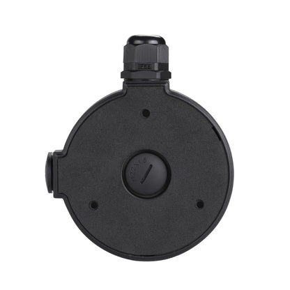 Zwarte Foscam FAB61 waterdichte aansluitunit voor D2EP dome camera's met IP68 kabelwartel en 110mm diameter.
