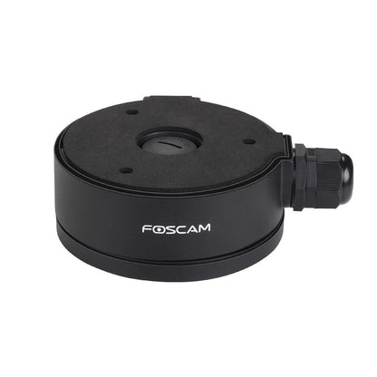 Zwarte Foscam FAB61 waterdichte aansluitunit voor D2EP dome camera met kabelwartel en 110mm diameter.