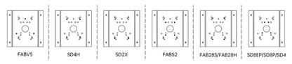 Technisch overzicht van Foscam montagepatronen voor de FABCB1 hoekbeugel met diverse compatibele cameramodellen.