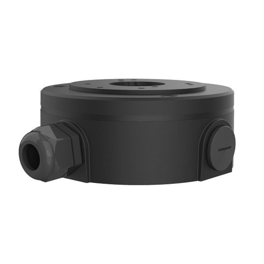 Zwarte Foscam FABV5S V2 waterdichte lasdoos voor V5EP en V8EP beveiligingscamera's met kabelwartel.