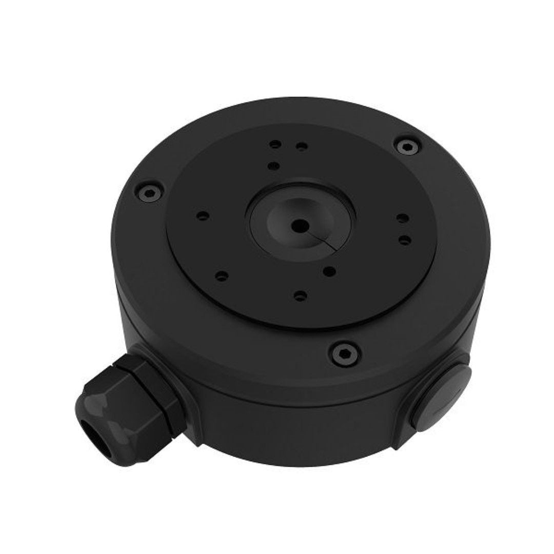 Zwarte Foscam FABV5S V2 waterdichte lasdoos voor V5EP en V8EP beveiligingscamera's met kabeldoorvoer.