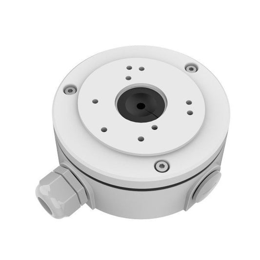 Witte, ronde Foscam FABV5S2 waterdichte lasdoos voor V5EP en V8EP beveiligingscamera's met kabelwartel.