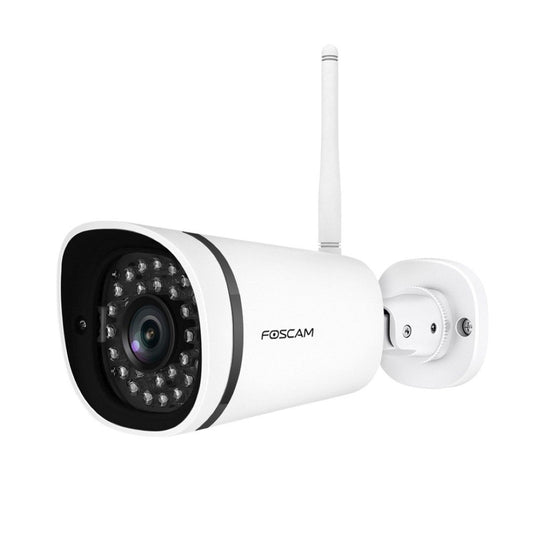 Witte Foscam FI9911W bullet-beveiligingscamera met wifi-antenne, nachtzicht-LED's en verstelbare muurbeugel.