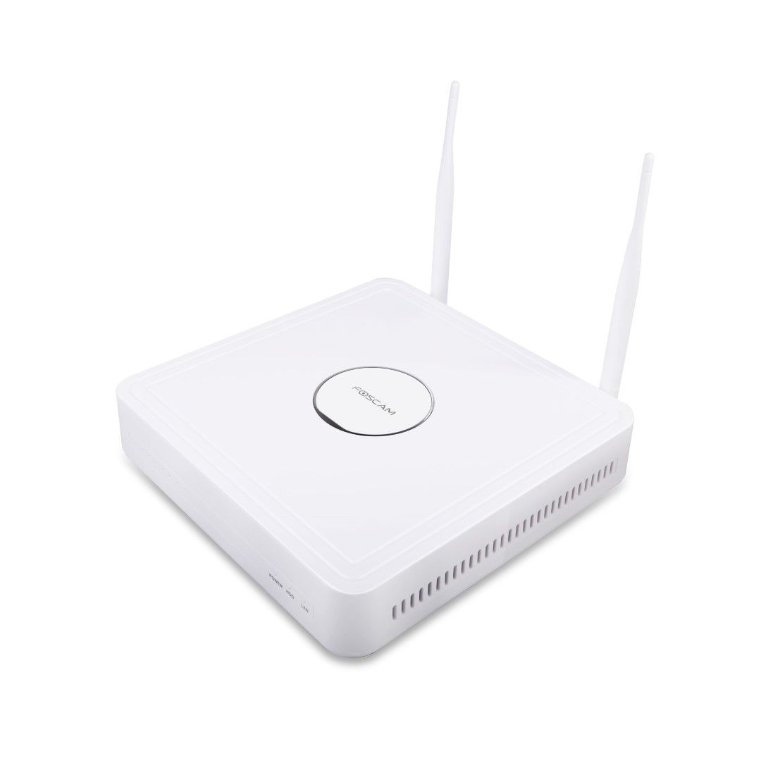 Witte Foscam WiFi NVR met twee antennes en centraal logo voor draadloze camerabewaking.
