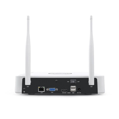 Witte Foscam NVR met twee antennes en aansluitingen voor LAN, VGA, HDMI, USB en stroom op de achterzijde.