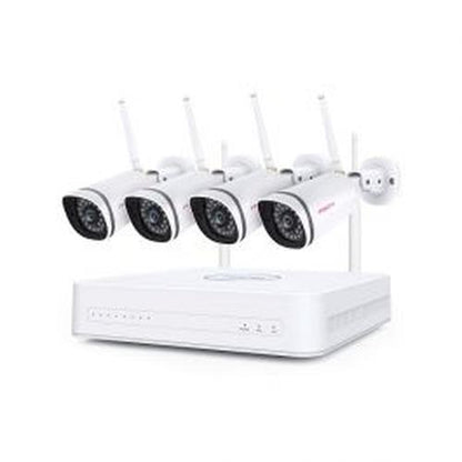 Foscam WiFi mesh NVR set met vier witte bullet camera's en 1TB opslag voor draadloze buitenbeveiliging.