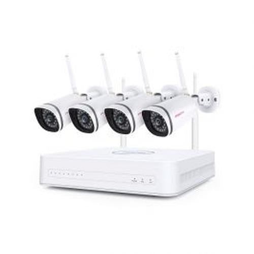 Foscam WiFi mesh NVR set met vier witte bullet camera's en 1TB opslag voor draadloze buitenbeveiliging.