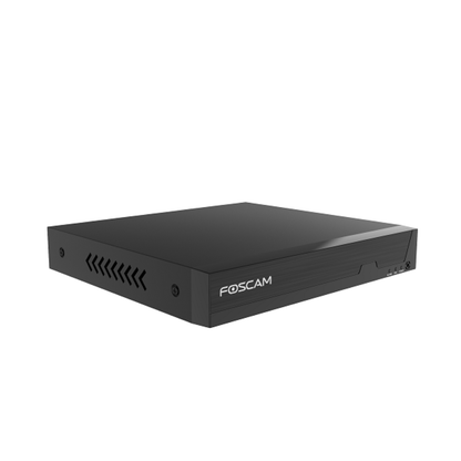 Zwarte Foscam PoE NVR-recorder met strak design en ventilatieopeningen aan de zijkant.
