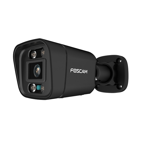 Zwarte Foscam 5MP PoE bullet camera met infrarood nachtzicht voor buitenbeveiliging.