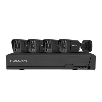 Zwarte Foscam PoE NVR-set met vier 5MP bullet camera's en 2TB harde schijf voor buitenbeveiliging.