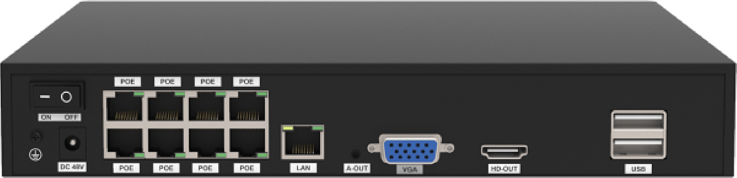 Zwarte Foscam PoE NVR achterkant met acht PoE-poorten, LAN, VGA, HDMI en USB-aansluitingen.