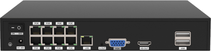Zwarte Foscam PoE NVR achterkant met acht PoE-poorten, LAN, VGA, HDMI en USB-aansluitingen.
