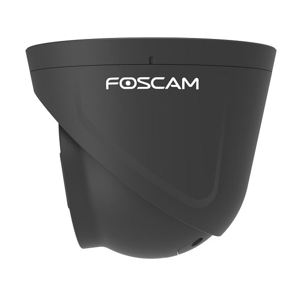 Zwarte Foscam 5MP PoE turret beveiligingscamera met compact, modern design voor buiten.