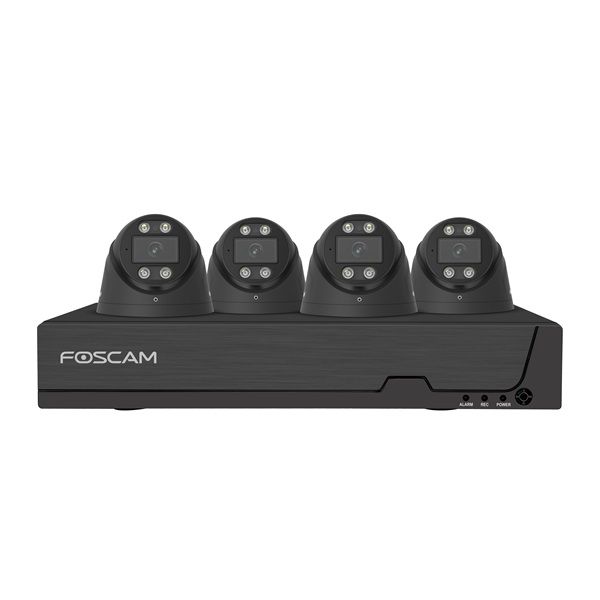 Zwarte Foscam 5MP PoE NVR-set met vier compacte turret-camera's en 2TB opslag.