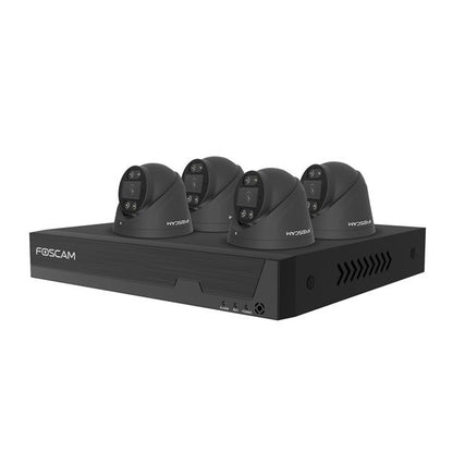 Zwarte Foscam 4K PoE NVR-set met vier compacte turret-beveiligingscamera's.