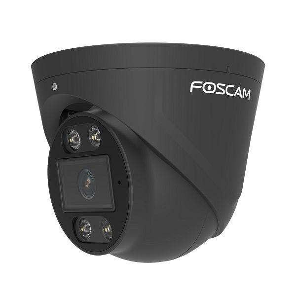 Zwarte Foscam 8MP 4K PoE turret beveiligingscamera met infrarood nachtzicht en compact design.