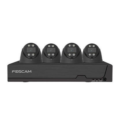 Zwarte Foscam 4K PoE NVR-set met vier compacte turret-beveiligingscamera's en 2TB harde schijf.