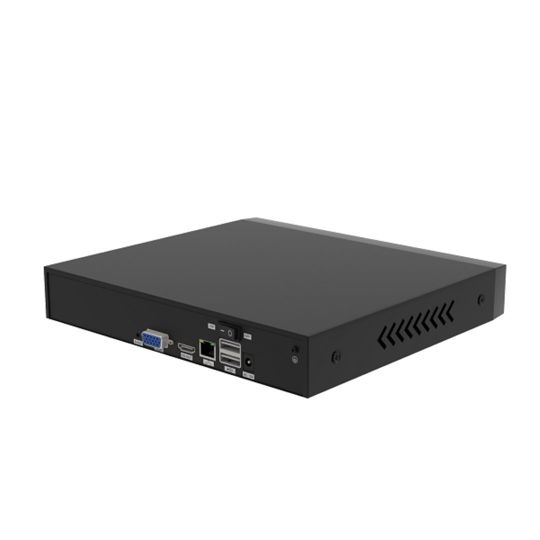 Zwarte Foscam FNA108H 8-kanaals 4K NVR recorder met aansluitingen voor HDMI, VGA, USB en netwerk aan de achterzijde.