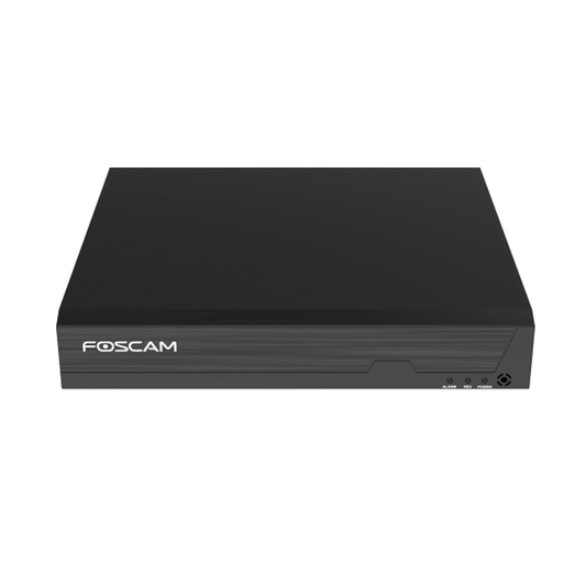 Zwarte Foscam FNA108H 8-kanaals 4K NVR recorder met strak design en statuslampjes aan de voorzijde.