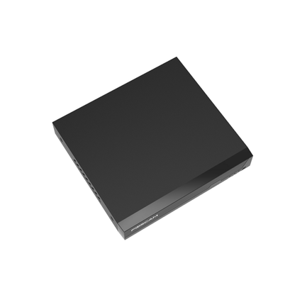 Zwarte Foscam FNA108HE 8-kanaals 4K NVR recorder met strak design en ventilatieopeningen aan de zijkant.