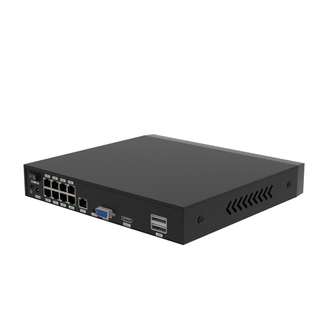 Zwarte Foscam FNA108HE 8-kanaals 4K NVR met acht PoE-poorten, HDMI- en USB-aansluitingen aan de achterzijde.