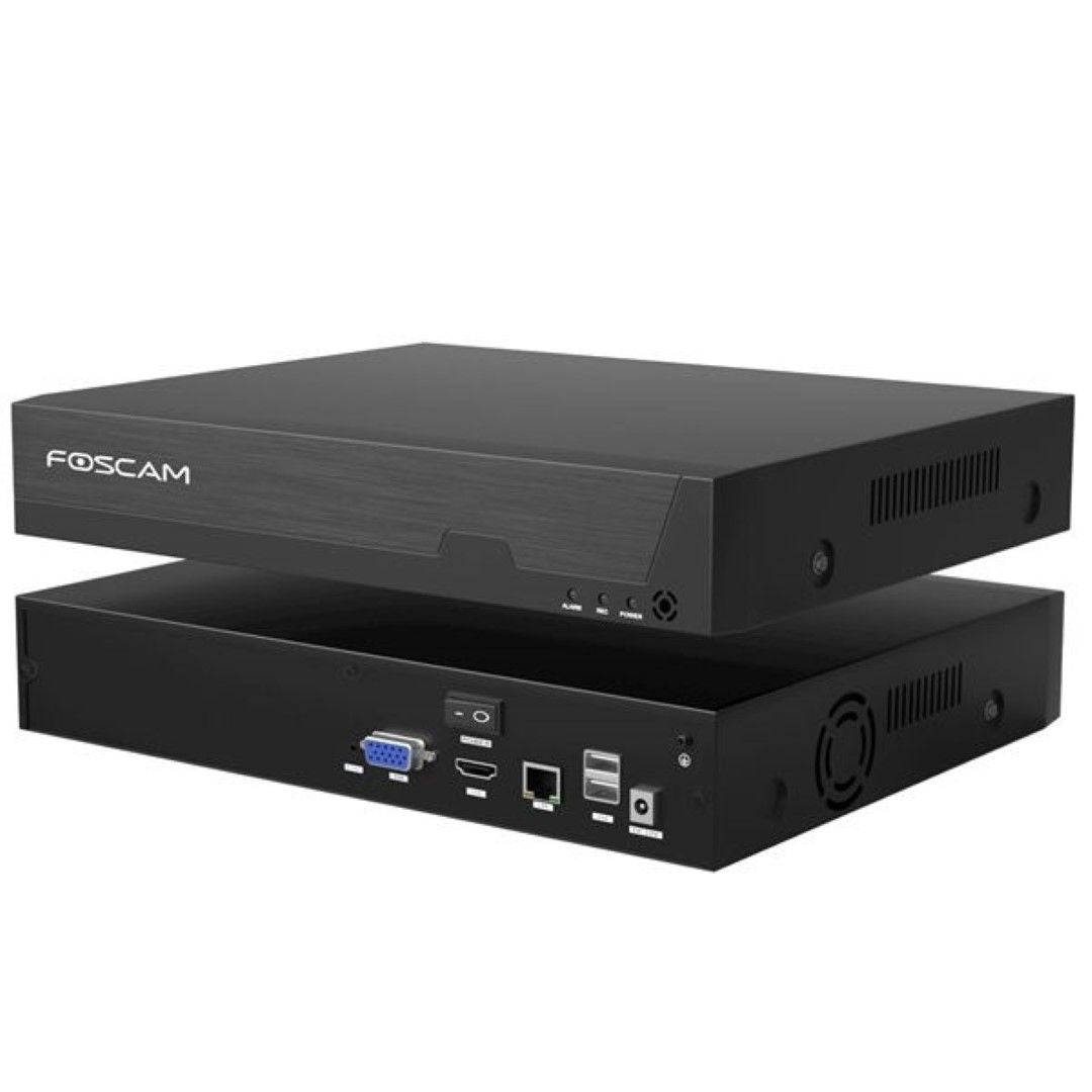 Zwarte Foscam FNA216H 16-kanaals 4K NVR recorder met voorpaneel en achterzijde met diverse aansluitpoorten.