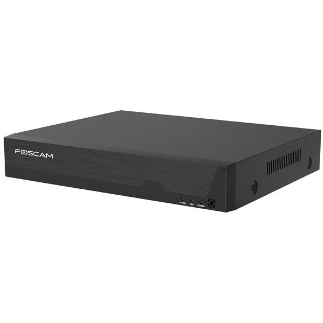 Zwarte Foscam FNA216H 16-kanaals 4K NVR recorder met strak design en statuslampjes aan de voorzijde.