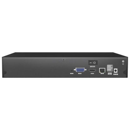 Zwarte Foscam FNA216H 16-kanaals NVR recorder met HDMI, VGA, LAN en USB-poorten op het achterpaneel.