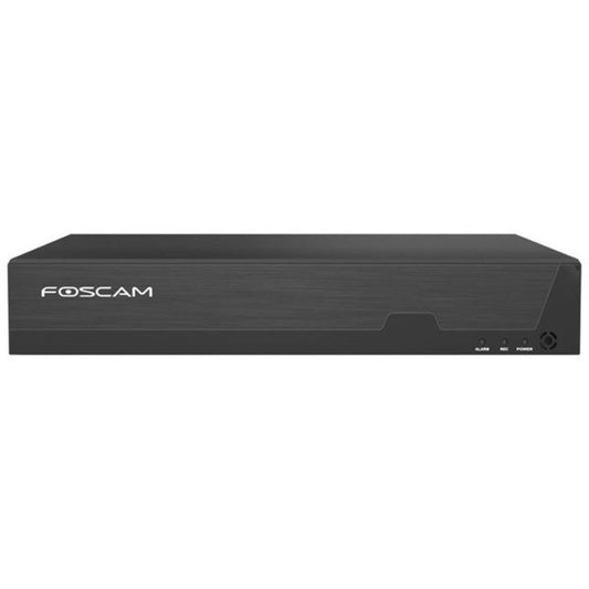 Zwarte Foscam FNA216H 16-kanaals 4K NVR recorder met strak metalen design en statuslampjes aan de voorzijde.
