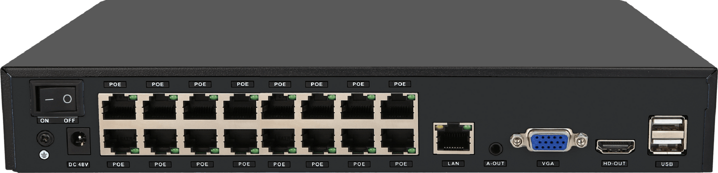 Zwarte Foscam FNA216HE 16-kanaals 4K NVR met 16 PoE-poorten, LAN, VGA, HDMI en USB-aansluitingen op de achterzijde.