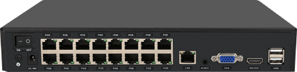 Zwarte Foscam FNA216HE 16-kanaals 4K NVR met 16 PoE-poorten, LAN, VGA, HDMI en USB-aansluitingen op de achterzijde.