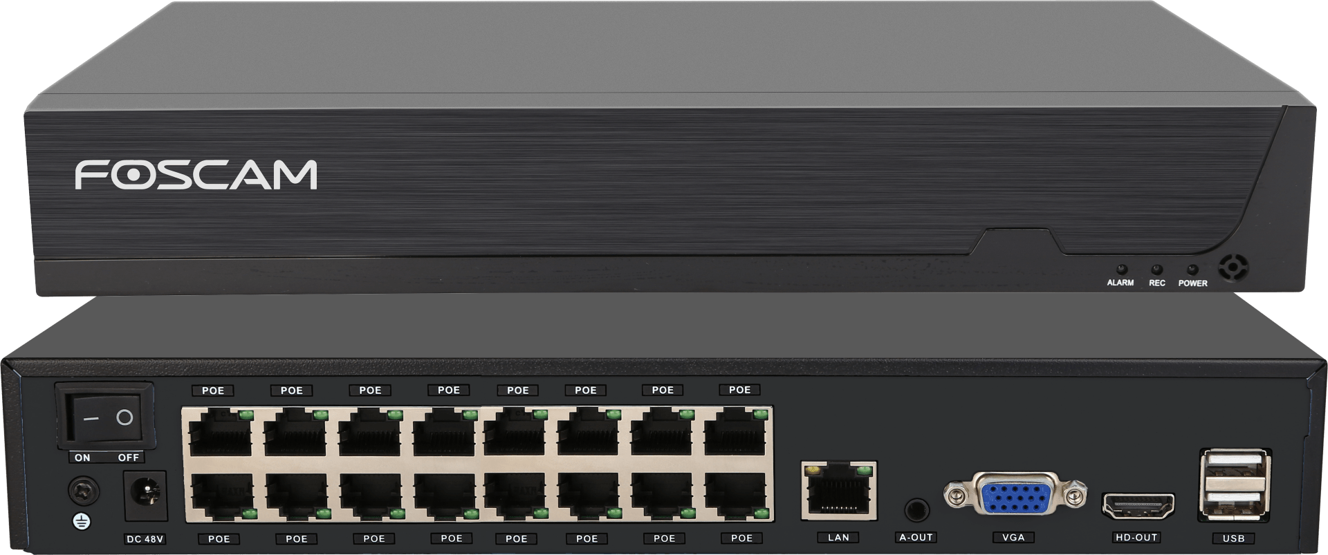 Zwarte Foscam 16-kanaals 4K NVR met 16 PoE-poorten, VGA, HDMI-uitgang en USB-aansluitingen aan de achterzijde.