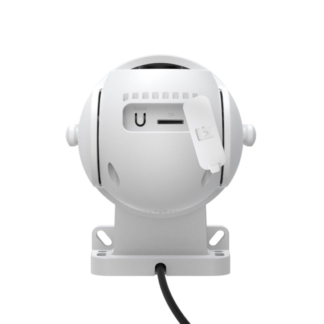 Witte Foscam PD5 pan-tilt beveiligingscamera met zichtbare resetknop, SD-kaartsleuf en montagevoet op witte achtergrond.