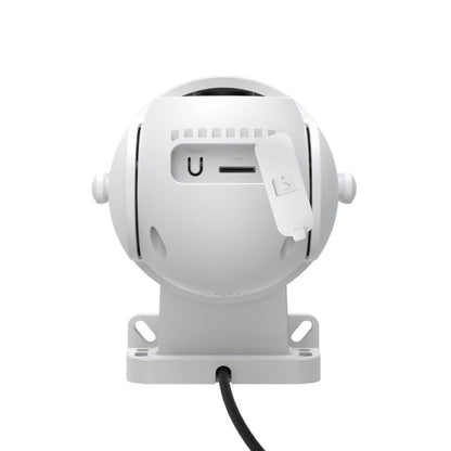 Witte Foscam PD5 pan-tilt beveiligingscamera met zichtbare resetknop, SD-kaartsleuf en montagevoet op witte achtergrond.
