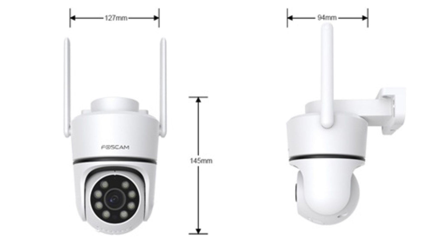 Witte Foscam PD5 3K WiFi beveiligingscamera met pan-tilt ontwerp, dubbele antennes en technische afmetingen.