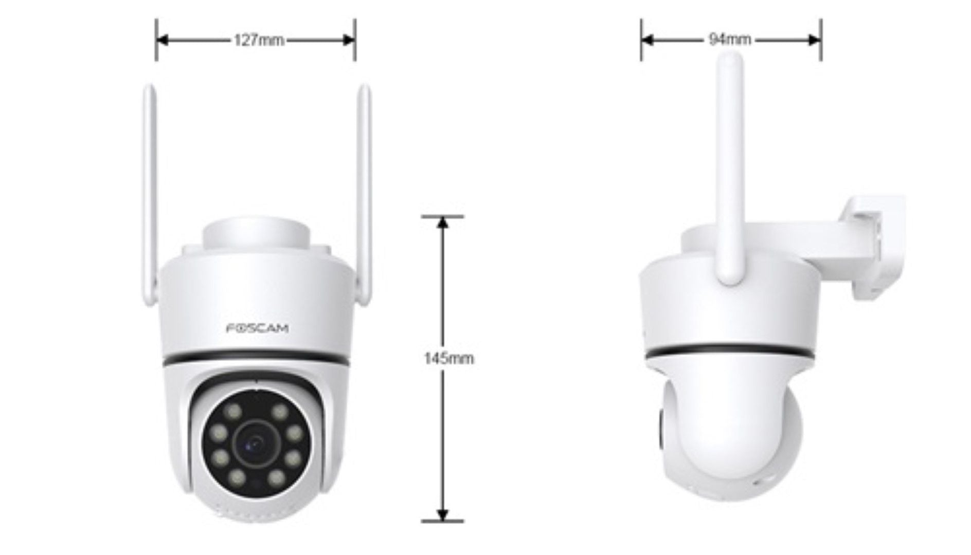 Witte Foscam PD5 3K WiFi beveiligingscamera met pan-tilt ontwerp, dubbele antennes en technische afmetingen.