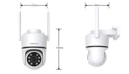 Witte Foscam PD5 3K WiFi beveiligingscamera met pan-tilt ontwerp, dubbele antennes en technische afmetingen.