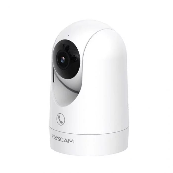 Witte Foscam R8M indoor beveiligingscamera met draaibare lens, zwarte camerakop en strak, modern design.