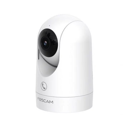 Witte Foscam R8M indoor beveiligingscamera met draaibare lens, zwarte camerakop en strak, modern design.