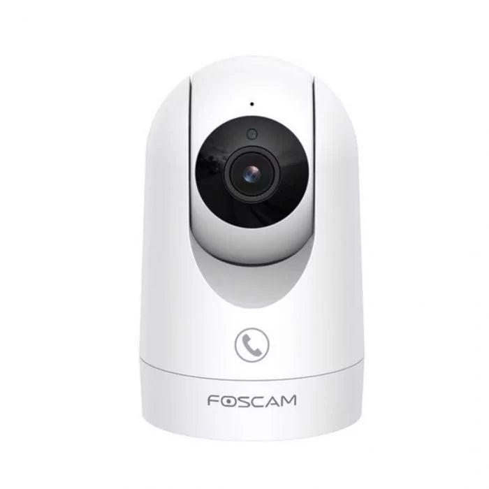 Witte Foscam R8M indoor WiFi beveiligingscamera met draaibare lens en zwart cameraglas in een strak, modern design.