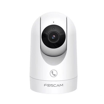 Witte Foscam R8M indoor WiFi beveiligingscamera met draaibare lens en zwart cameraglas in een strak, modern design.