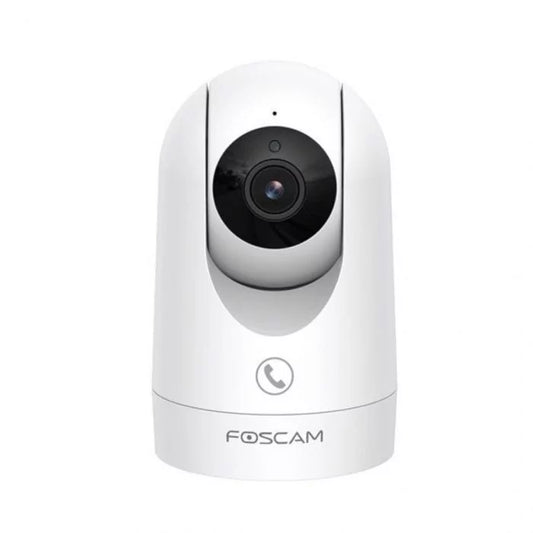 Witte Foscam R8M indoor WiFi beveiligingscamera met draaibare lens en zwart cameraglas in een strak, modern design.