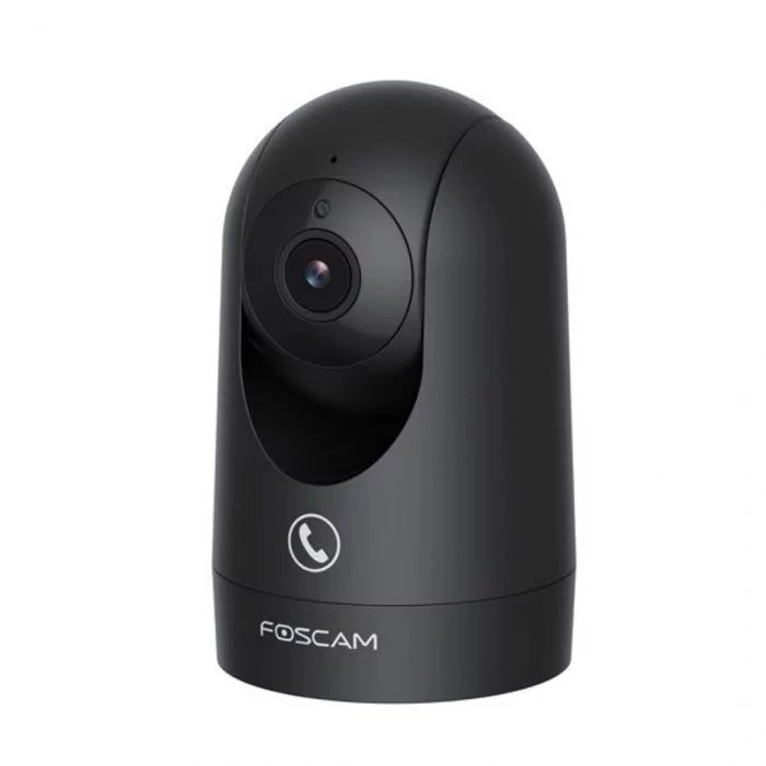 Zwarte Foscam R8M indoor beveiligingscamera met draaibare pan- en tilt-lens en tweeweg audiofunctie.