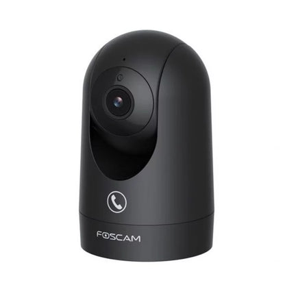 Zwarte Foscam R8M indoor beveiligingscamera met draaibare pan- en tilt-lens en tweeweg audiofunctie.