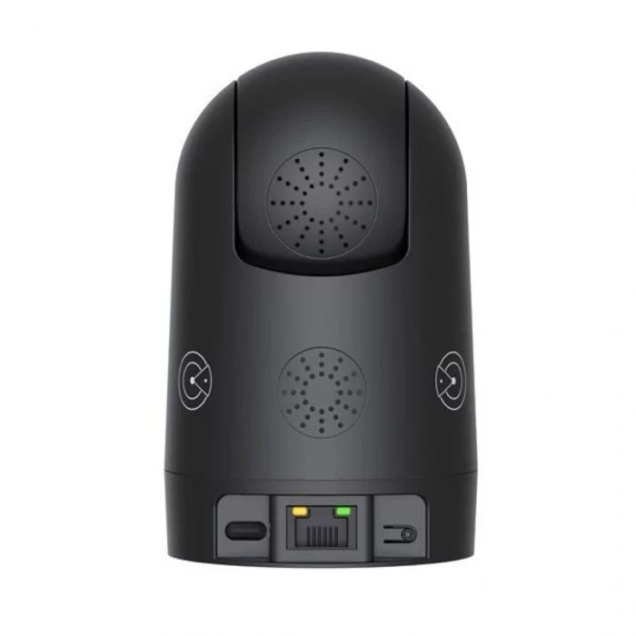 Zwarte Foscam R8M indoor beveiligingscamera met pan- en tilt-lens, luidsprekerrooster en aansluitingen aan de achterzijde.